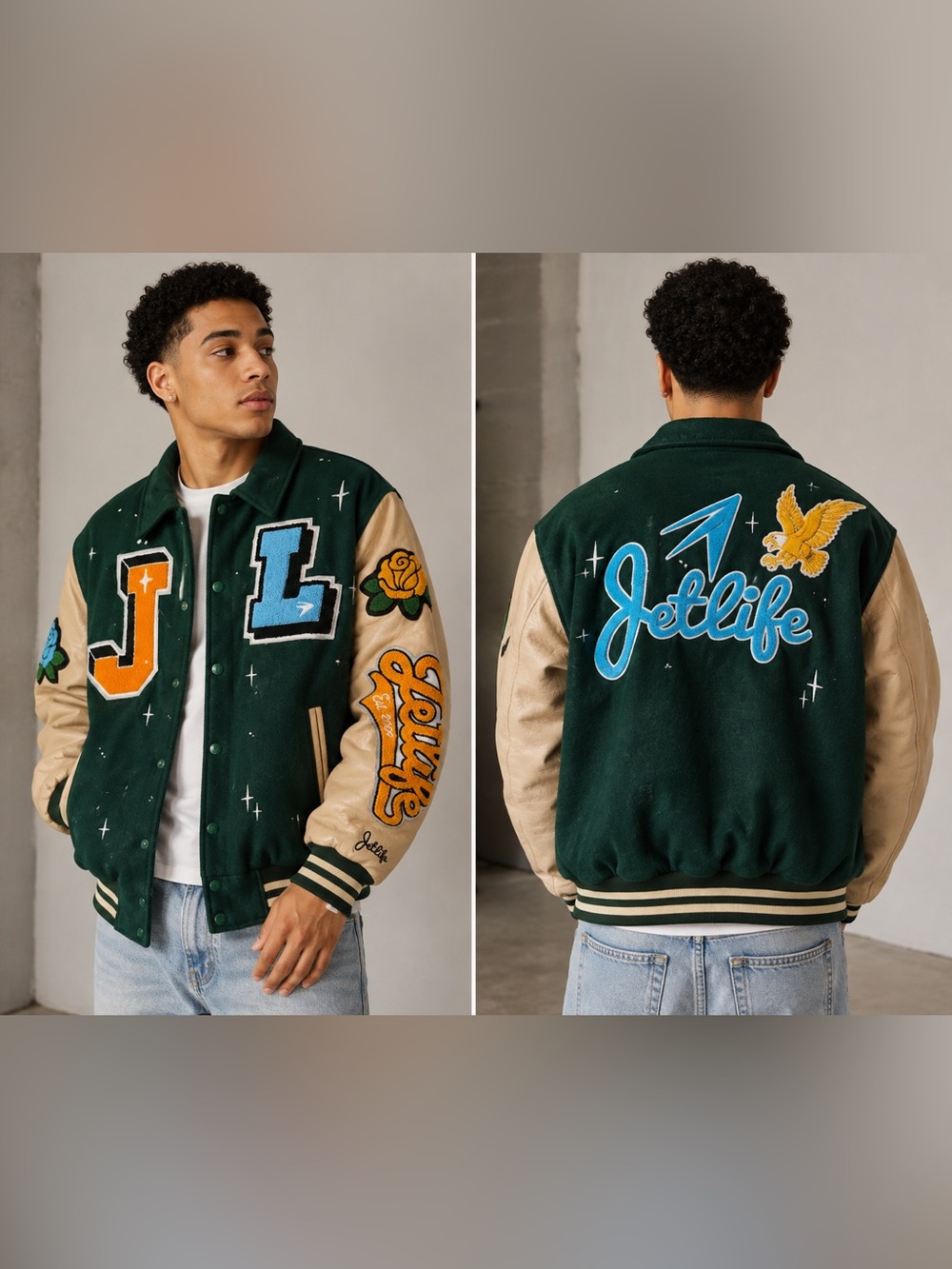 Jetlife “Cruise” Forest Green & Cream Varsity Wool & Leather Jacket Size S